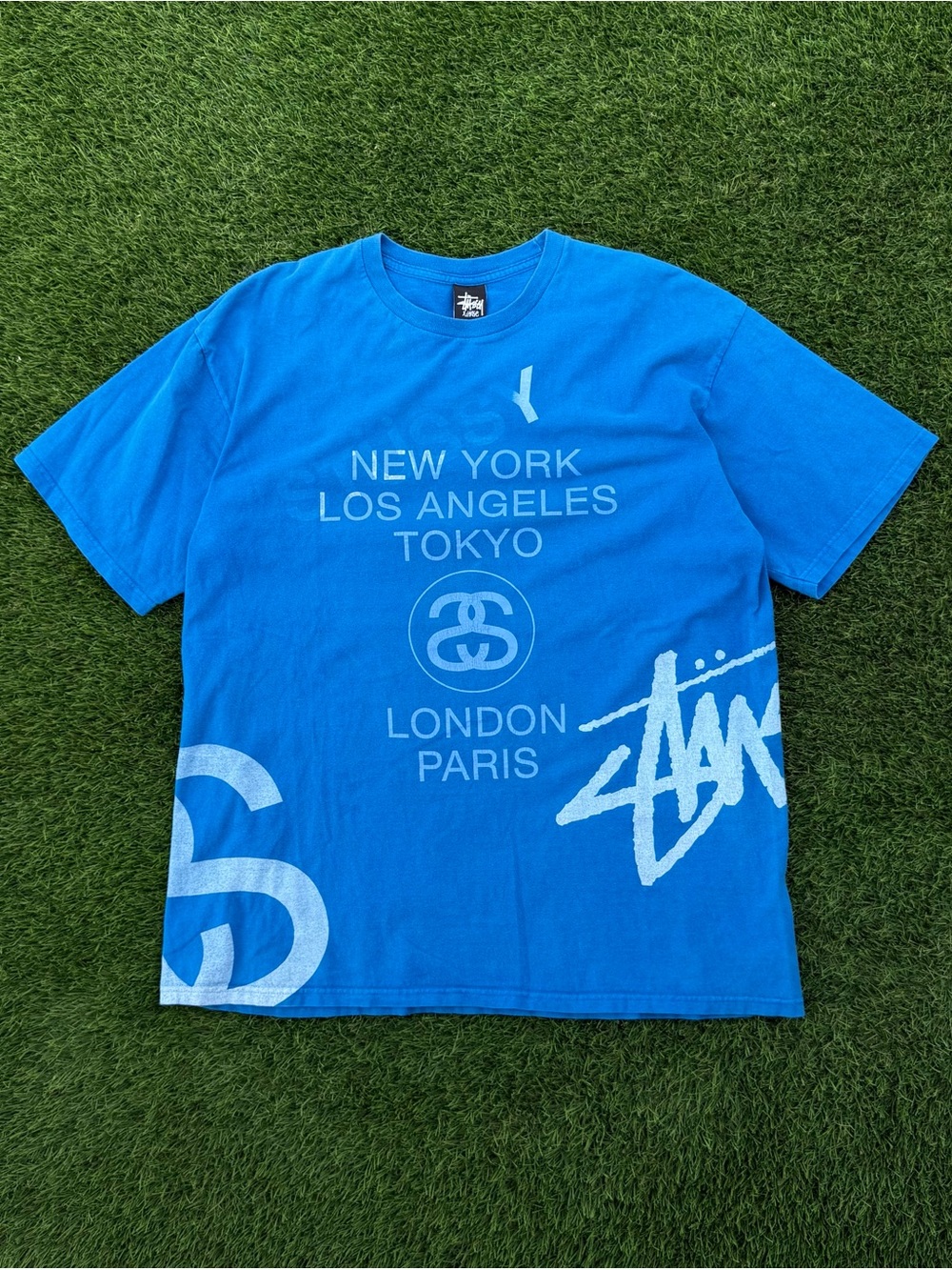 Stussy Blue Graphic T-Shirt Logo Fade Double Sided City Tee Short Sleeve Size XL
